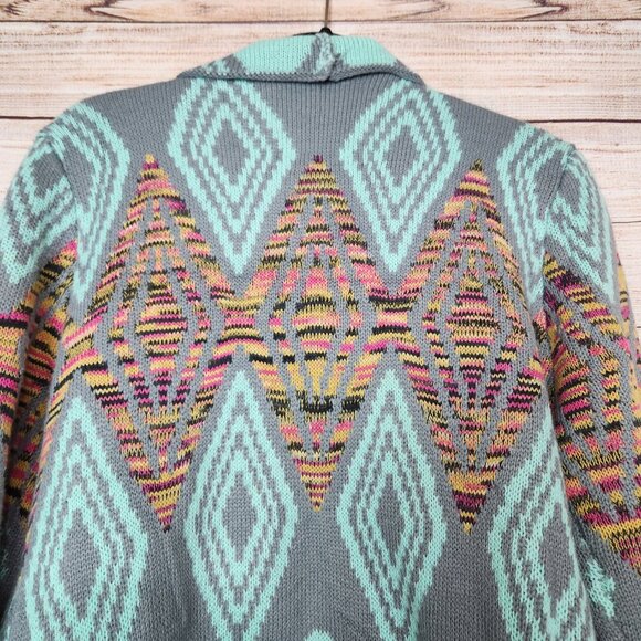 Andrade Open Cardigan Jacket Women's One Size Teal Aztec Print Cotton Polyester - Picture 10 of 14